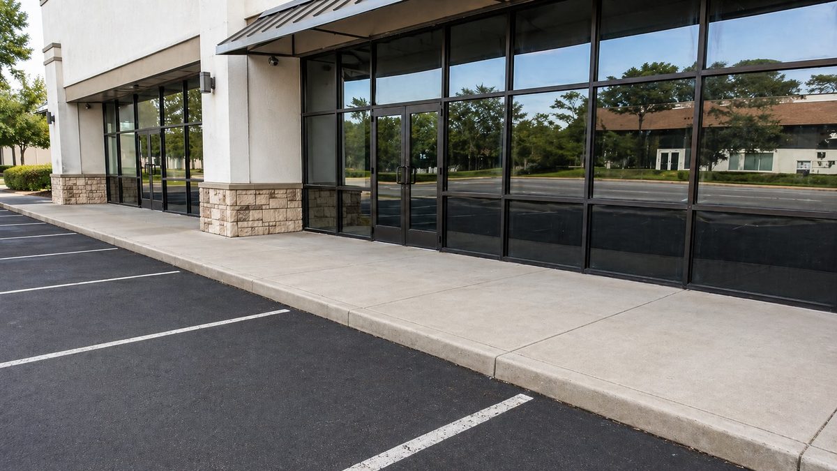 Commercial building exterior after power washing