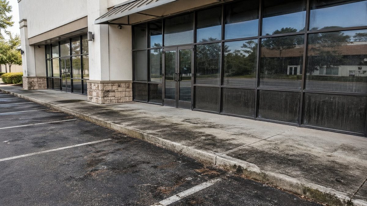 Commercial building exterior before cleaning
