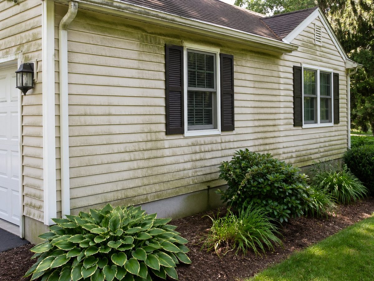 House exterior before cleaning — discolored siding